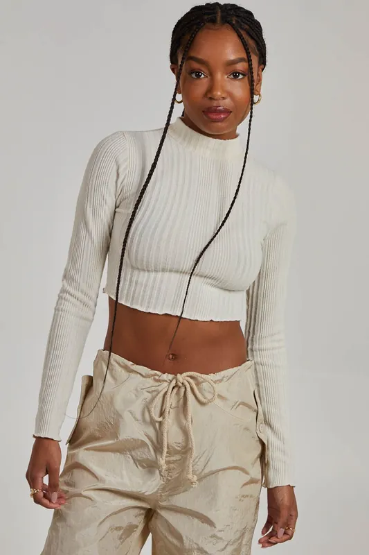 Wide Brushed Rib Lettuce Hem Long Sleeve Top - Pink Vanilla