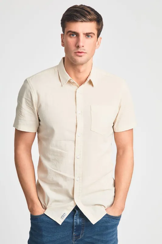 Linen Blend Short Sleeve Button-Up Shirt with Chest Pocket