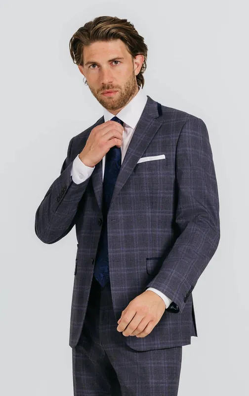 Grey & Blue Check Suit Jacket - Dobell