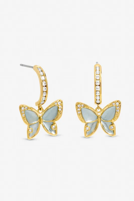 Gold Plated Pave and Blue Butterfly Half Hoop Earrings - Jon Richard