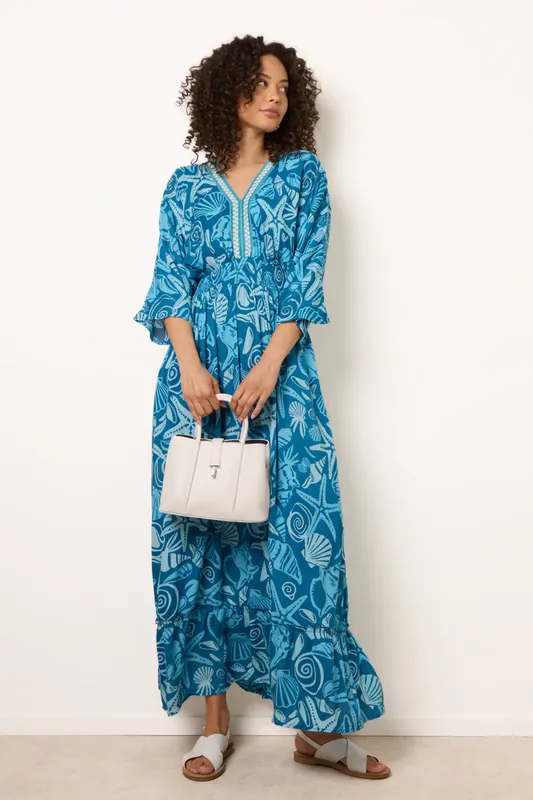 Blue Embellished Kimono Style V Front Dress - Blue Vanilla