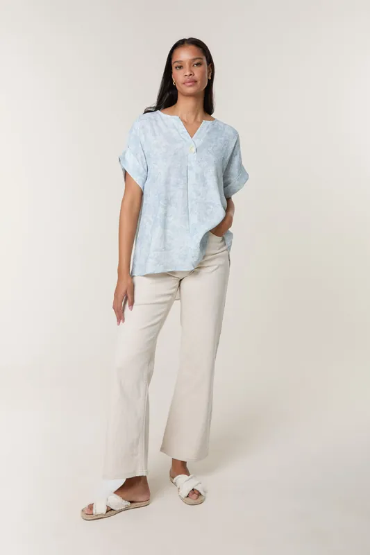 Blue Printed V Neck Button Top - Blue Vanilla
