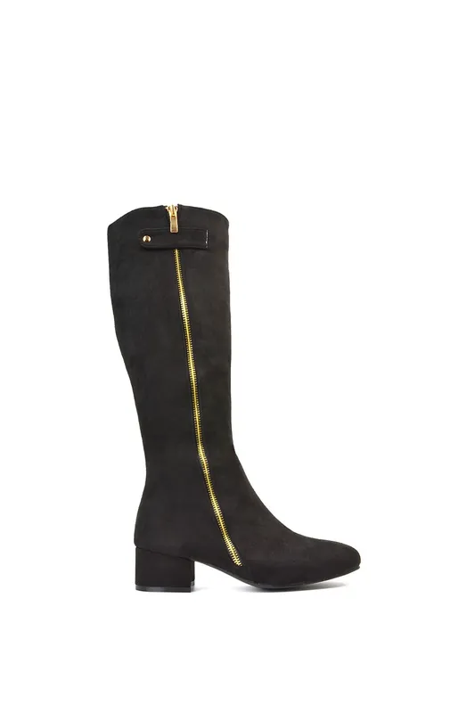 Darcy' Low Block Heel Knee High Long Boots With Decorative Zip - XY London