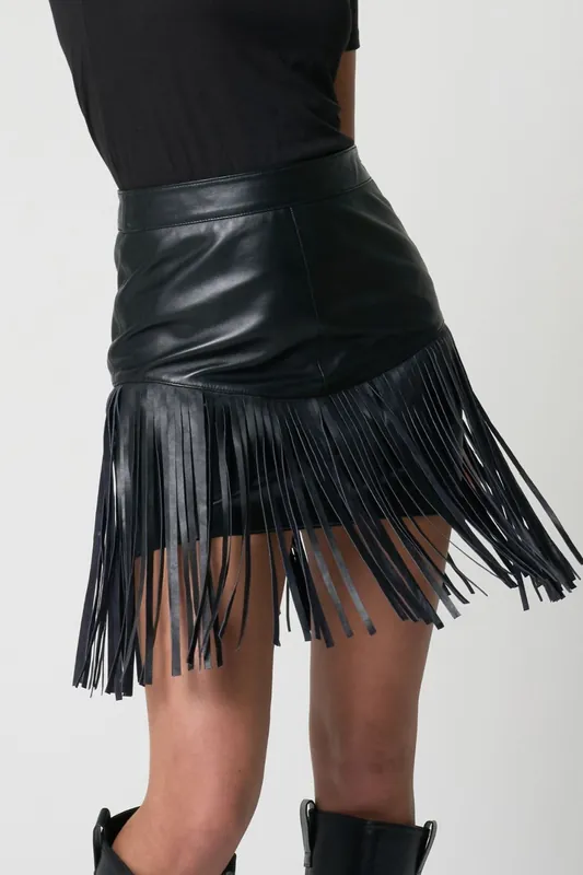 Barneys Originals Real Leather Fringe Mini Skirt
