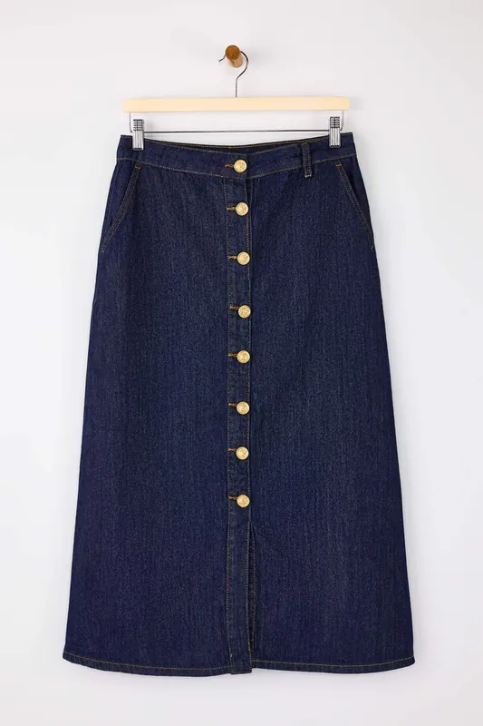 Button Front Denim Midi Skirt - WOVCOR