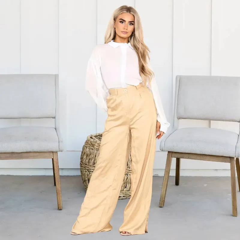 Camel Trousers High Waist Wide Flared Leg - ELAINA FASHION