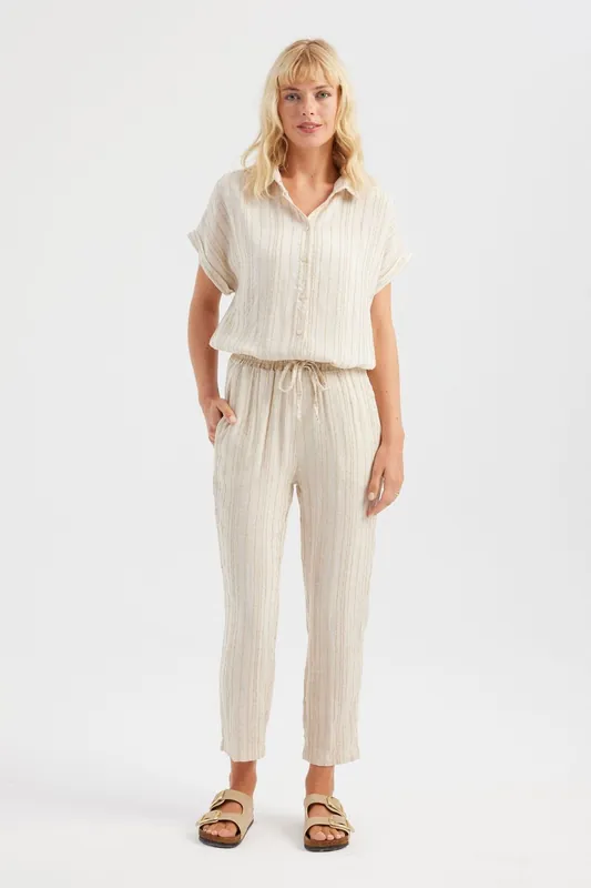2 Pieces: Striped Short Sleeve Shirt & High Waist Drawstring Trousers - Hiccup