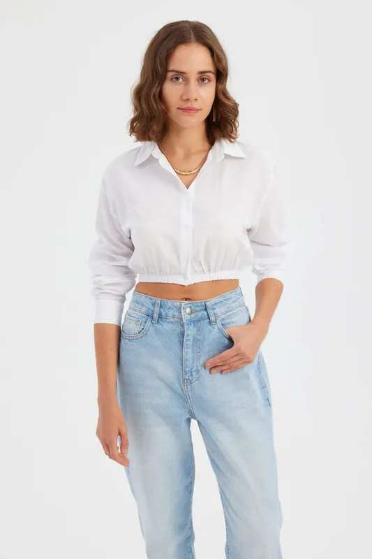 Long Sleeve Woven Solid Cropped Shirt - Hiccup