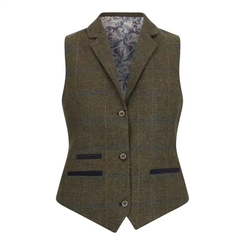 Women's Tailored Fit Tweed Waistcoat in Herringbone Check - Infinity Leather