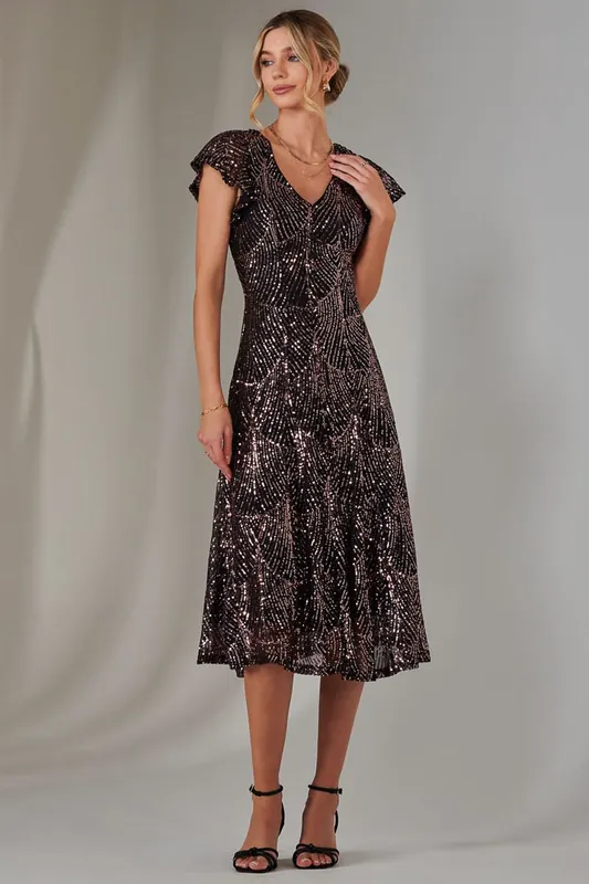 Sequin V Neck FIt & Flare Midaxi Dress - Jolie Moi