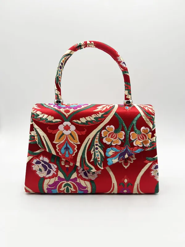 Floral Satin Embroidered Top Handle Bag in Red - SVNX
