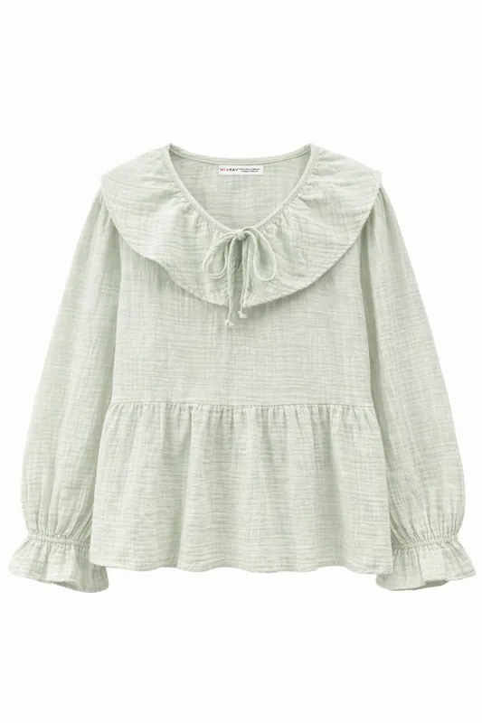 Frilly Shawl Collar Blouse with Tie Closure - MixRay