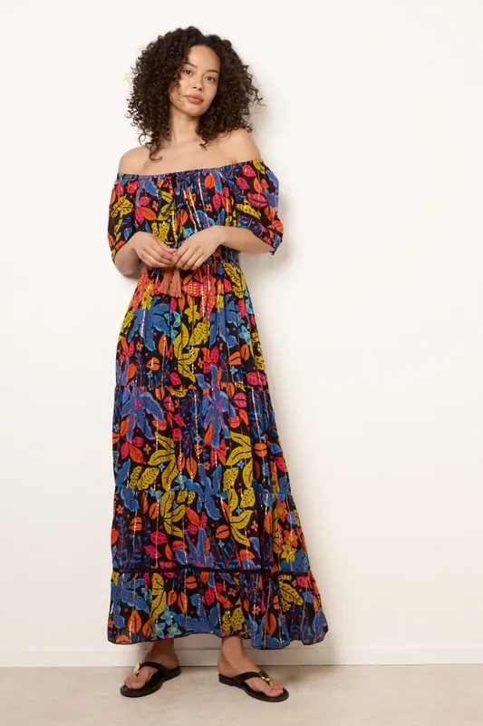Black Bardot Tassel Tie Tiered Maxi Dress - Blue Vanilla