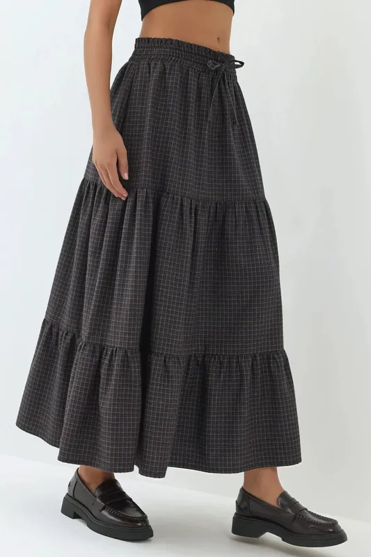 Elastic Waist Check Knotted Tiered Maxi Skirt - Hiccup