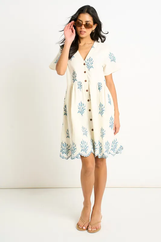 Marshmallow Cotton Embroidered Smock Mini Dress - Gini London