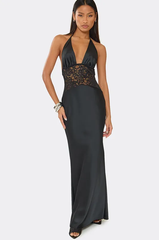 Strappy Lace Panel Satin Maxi Dress - EGO