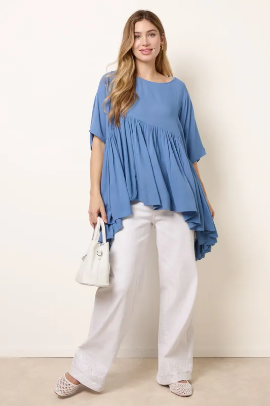 Blue Gathered Oversized Top - Blue Vanilla