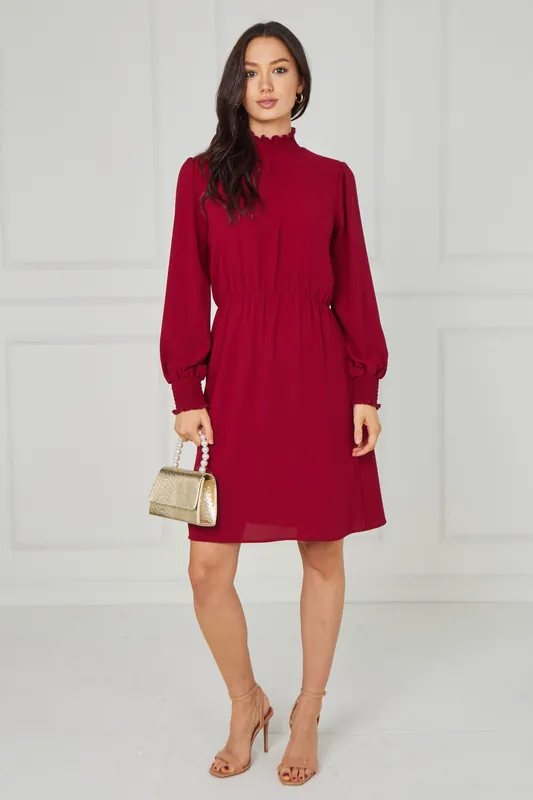 Red Shirred Neck Long Sleeve Dress - Love Sunshine