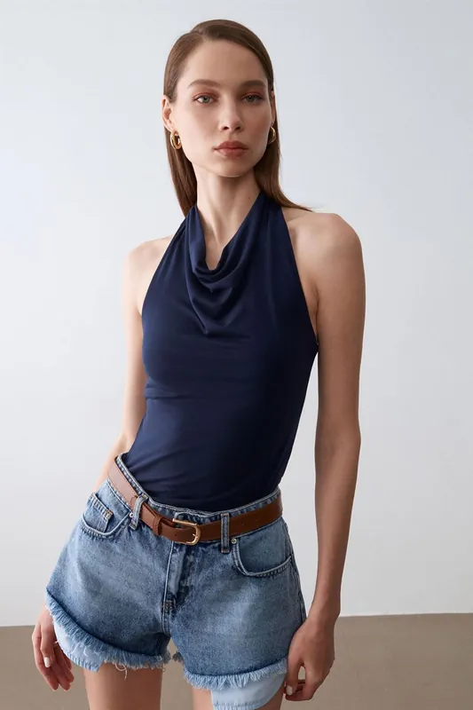 Sleeveless Cowl Neck Tie Blouse - Dilvin