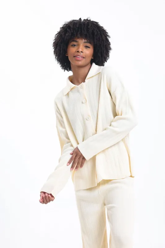 2 Pieces: Knitted Buttoned Shirt & High Waist Straight Leg Trousers - Hiccup