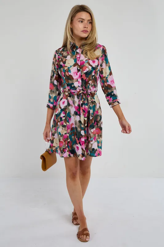 Roses Print Quarter Sleeve Mini Shirt Dress - Love Sunshine