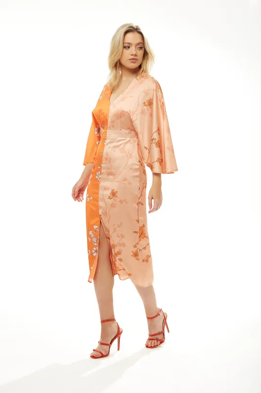 Kimono Midi Dress with Open Back in Orange Oriental Print - Liquorish