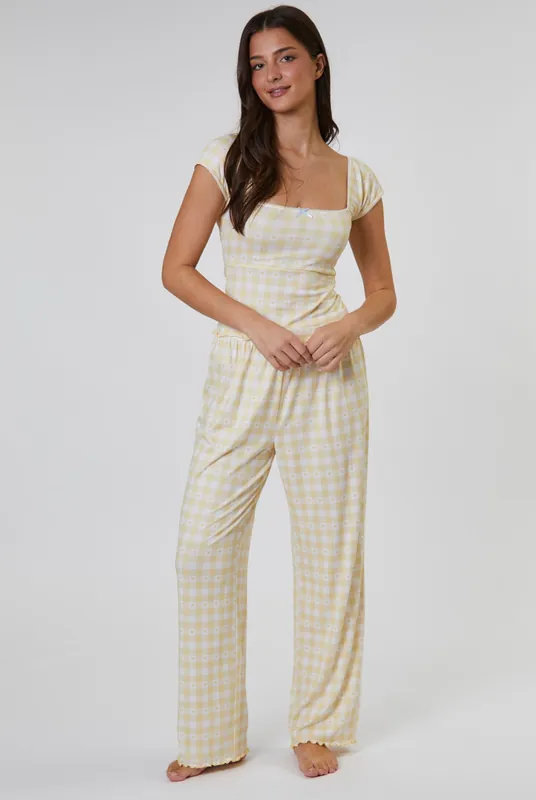 Gingham Heart Printed Cami and Wide Leg Trouser Set - Loungeable