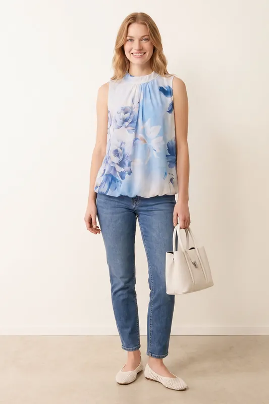Blue Sleeveless High Neck Puffball Blouse - Blue Vanilla