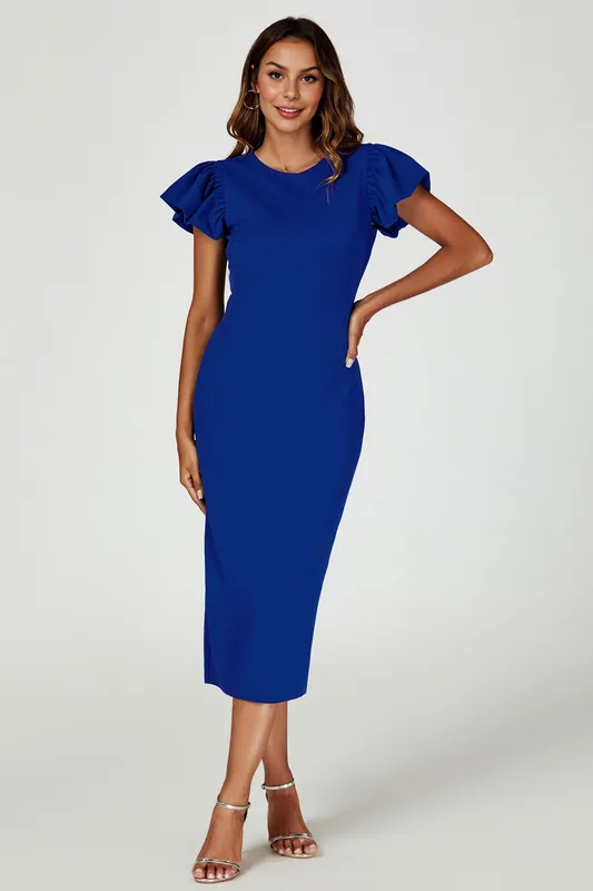 Ruffle Sleeve Bodycon Midi Dress In Royal Blue - FS Collection