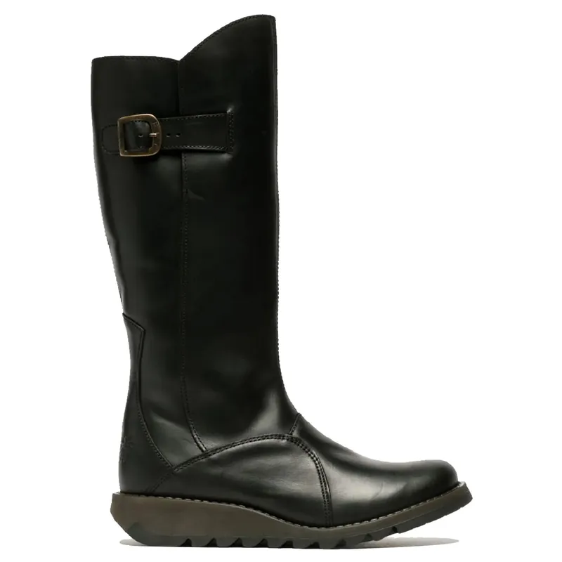 Wedge Heel Buckle Side Zip Knee High Leather Boots - TruClothing