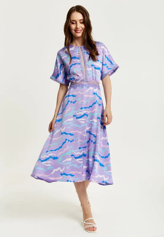 Midi Abstract Zebra Print Dress With Mesh Detail In Lilac - Liquorish