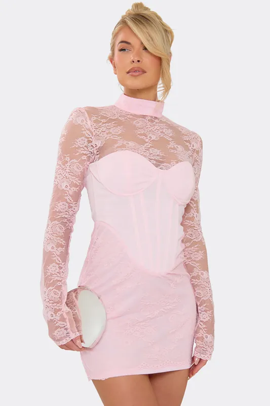 Long Sleeve High Neck Corset Overlay Mini Dress - EGO