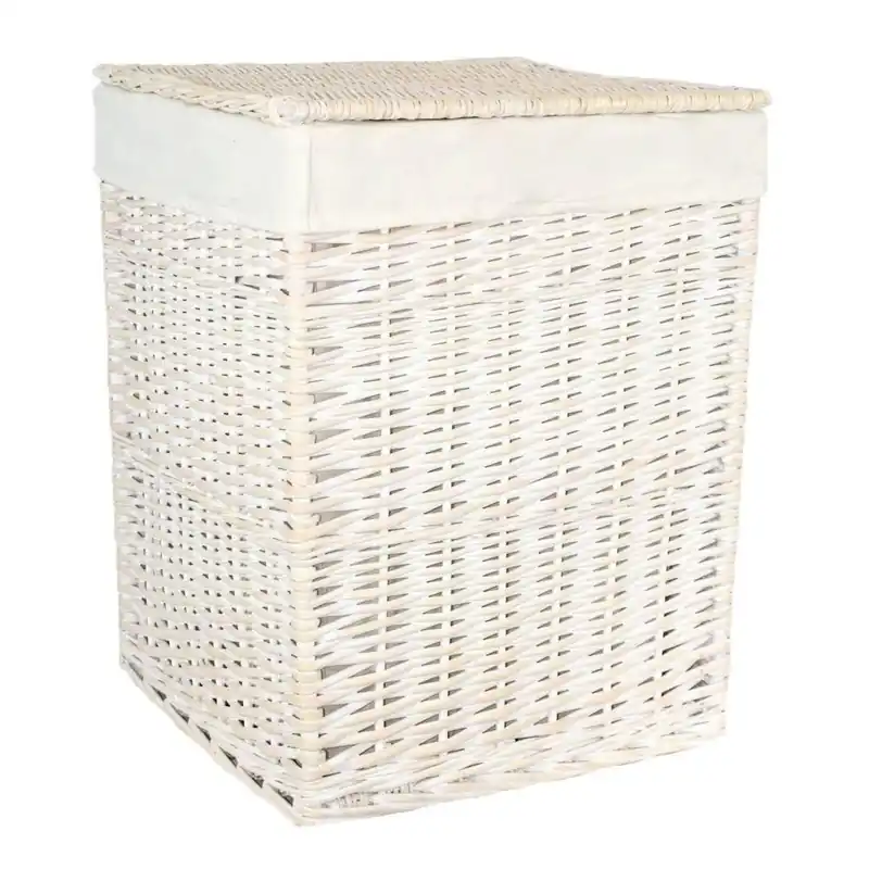 Cotton Lined Square White Wash Laundry Basket - Red Hamper