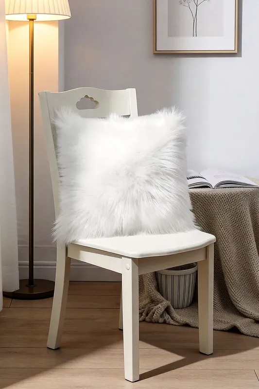 45*45cm Fluffy Faux Wool White Cushion Cover - Living and Home