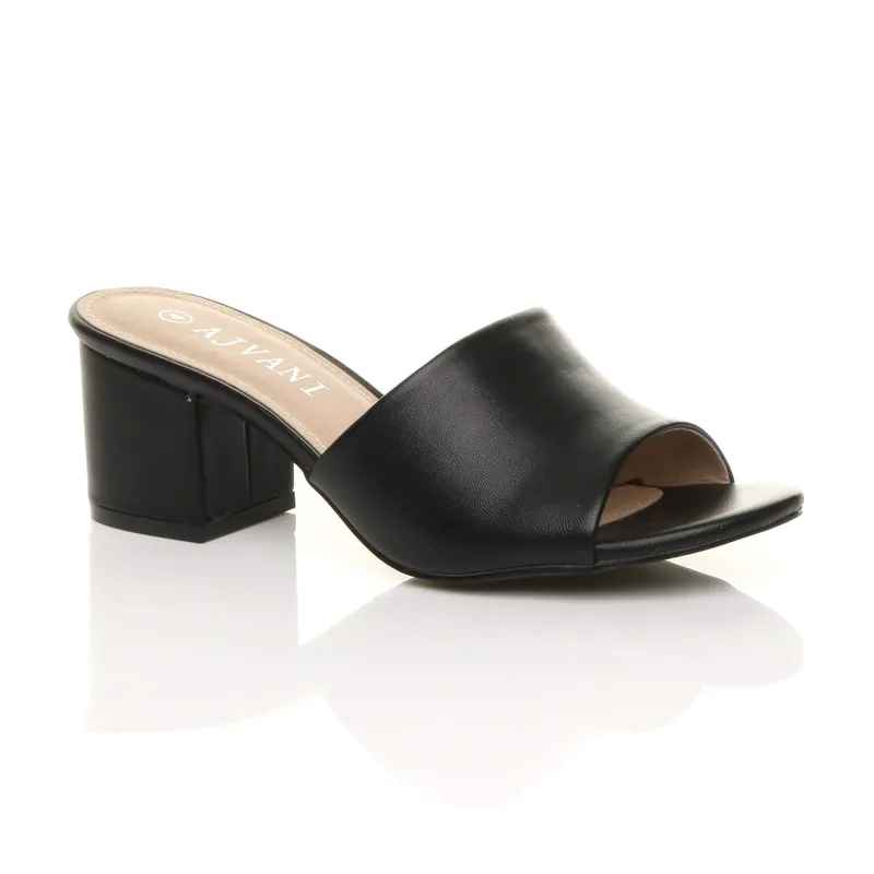 Mid Block Heel Peep Toe Mules Sandals - AJVANI