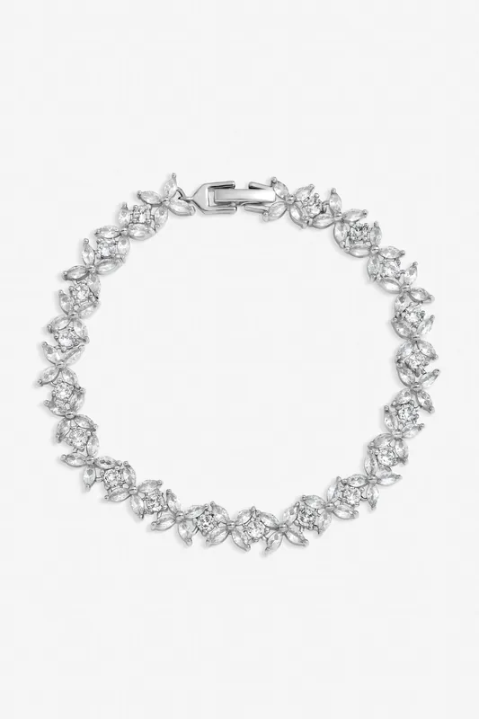 Rhodium Plated Cubic Zirconia Floral Bracelet - Jon Richard