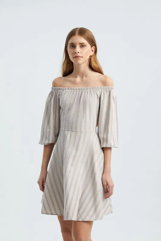Striped Off Shoulder Balloon Sleeves Mini Dress - Hiccup