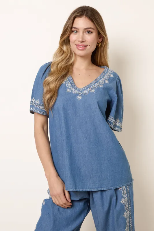 Blue Floral Embroidery V Neckline Top - Blue Vanilla