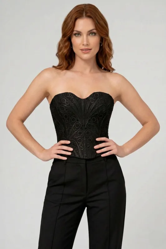 Lace Eyelet Sweetheart Neckline Bustier Corset Top - STYLEWISE