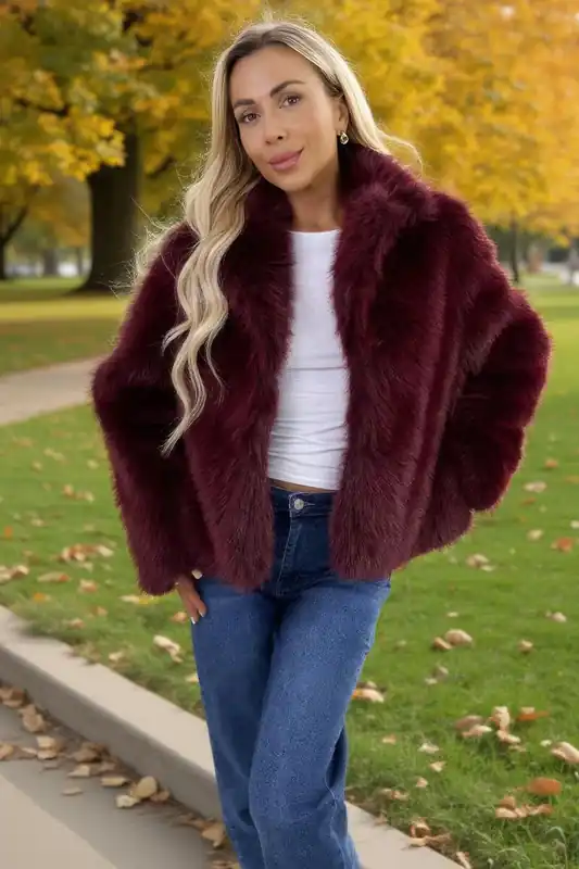 Burgundy Faux Fur Short Jacket - AX Paris