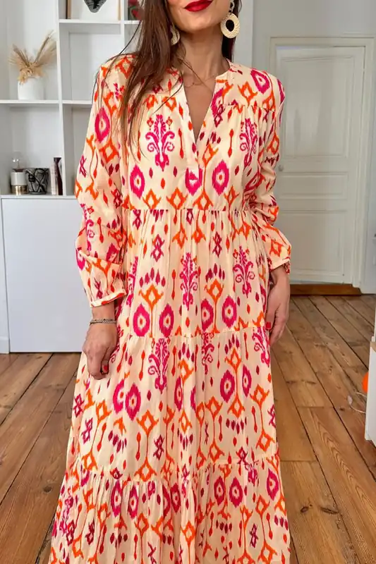 Orange Western Abstract Geometric Printed Maxi Dress - Everyday The Label