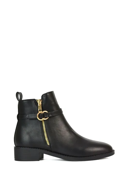 Lorna' Flat Low Heel Ankle Booties With Decorative Buckle and Zip - XY London