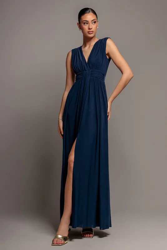 Gathered Shoulder Wrap Neck Draped Waist Maxi Dress - Goddiva