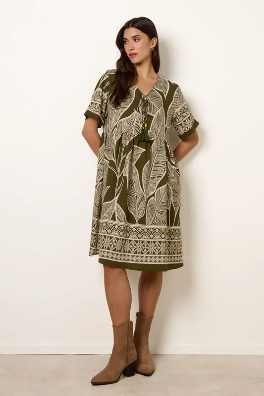 Khaki Dress With Tropical Leaf Print - Blue Vanilla
