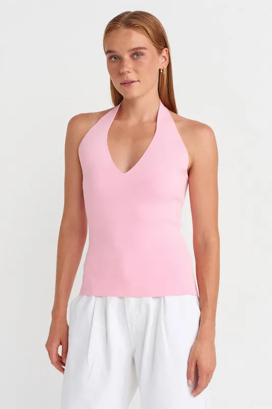 Slim Fit Halterneck Knit Blouse - Dilvin