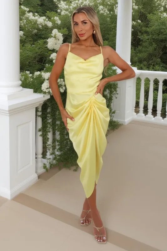 Soft Yellow Strappy Cowl Neck Gathered Midi Dress - AX Paris