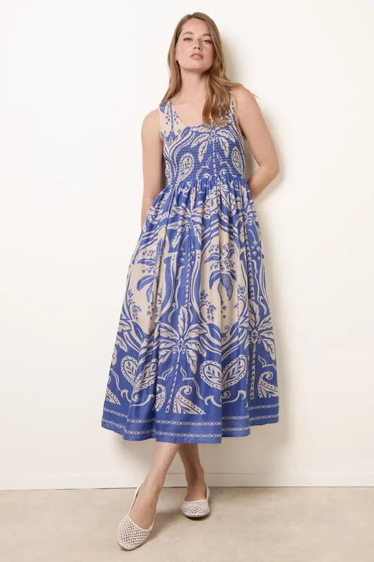 Blue Sleeveless Shirred Dress - Blue Vanilla