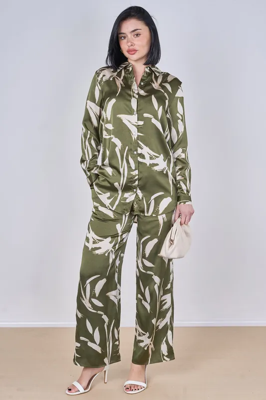 Olive Abstract Leaf Print Co-Ord Set