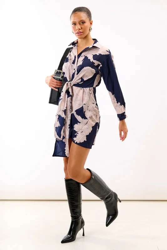 Navy Leaf Tie Front Shirt Dress - Needs No Label