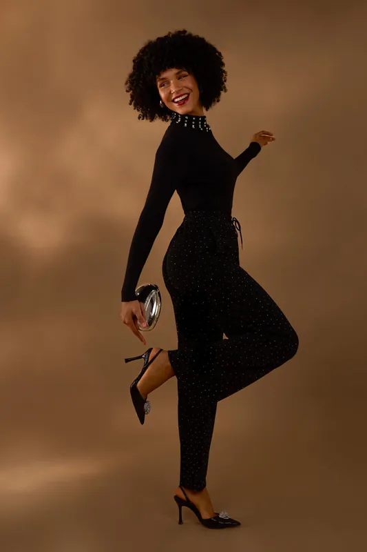 Black Rhinestone Detailed Trousers - Blue Vanilla